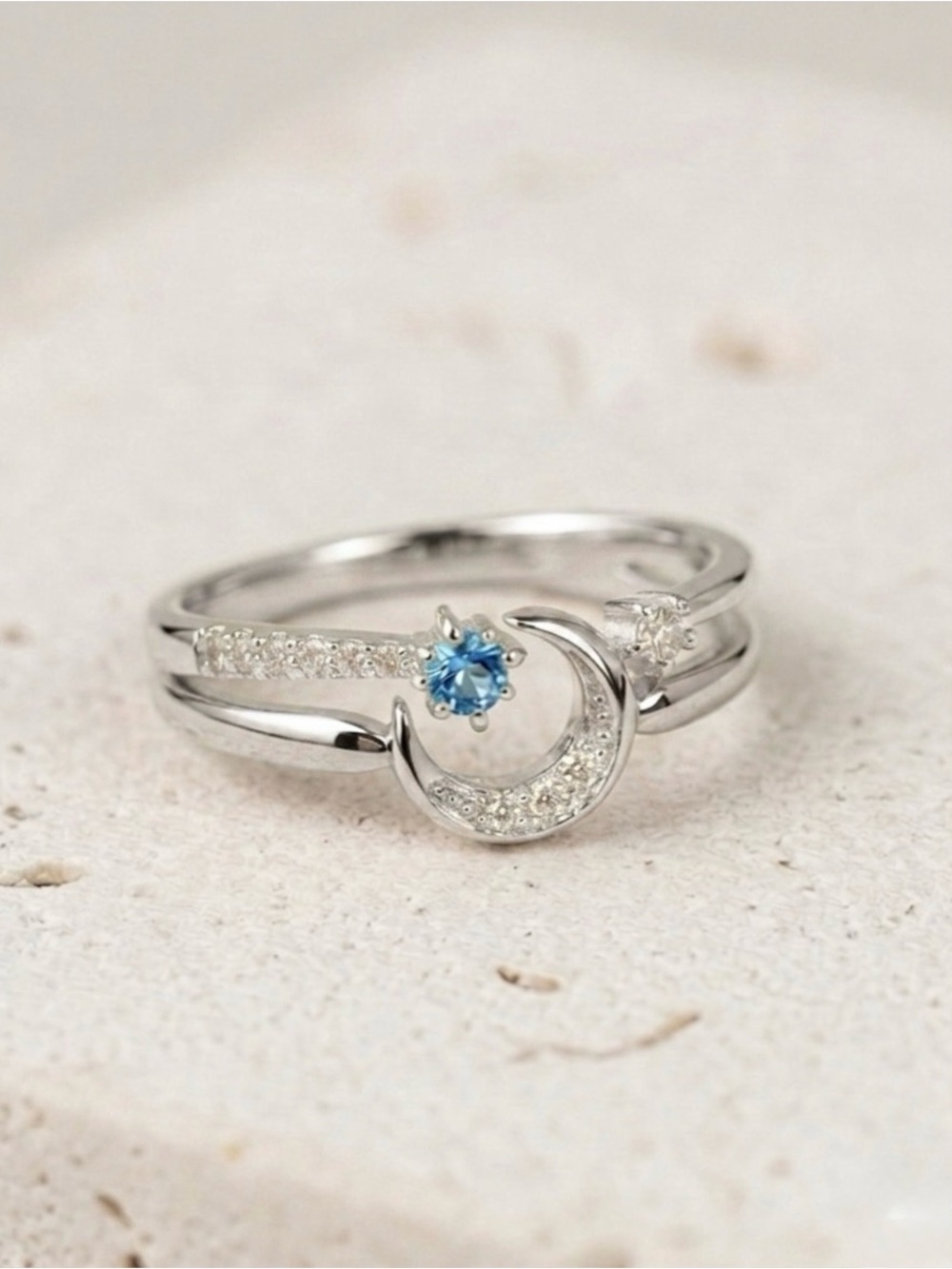 Platinum Plated Moon & Star Stacking Ring Set 2 Pcs | Blue & White CZ Midi Rings